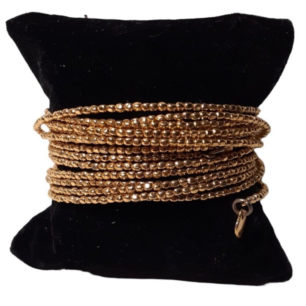 Memory Wire Bracelet Multi Strand Gold Tiny Beads with Heart Charms Valentines